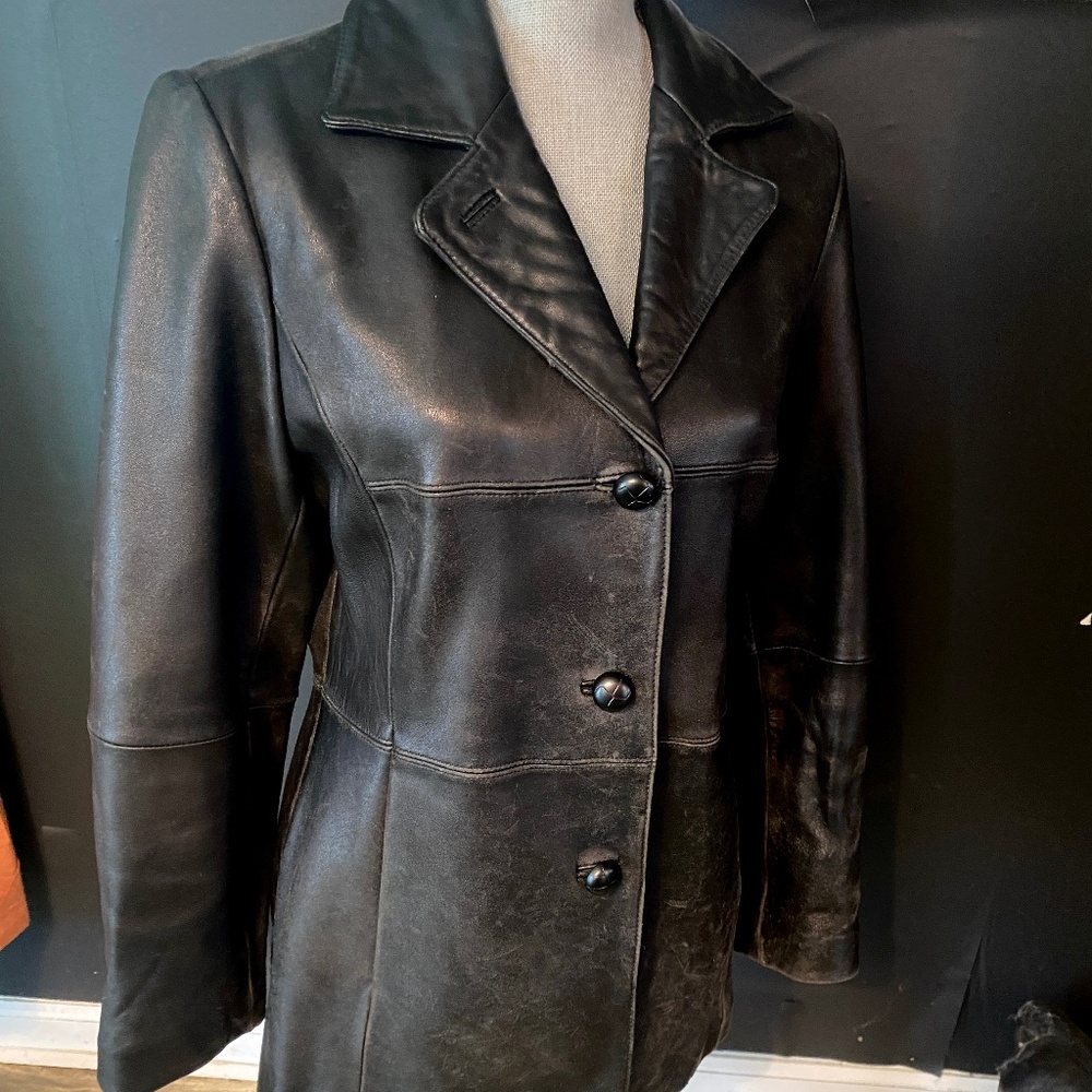 VTG Charles Klein Women's Medium Black Leather Blazer Jacket w/Pockets